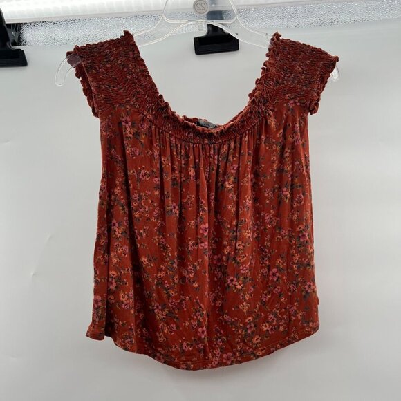 American Eagle Women's Scoop Neck Smocked Top Orange/Multi Floral Size Small - Picture 6 of 9
